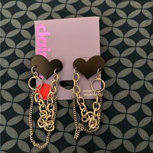NWT Claire's Black Heart & Silver Chain Earrings
